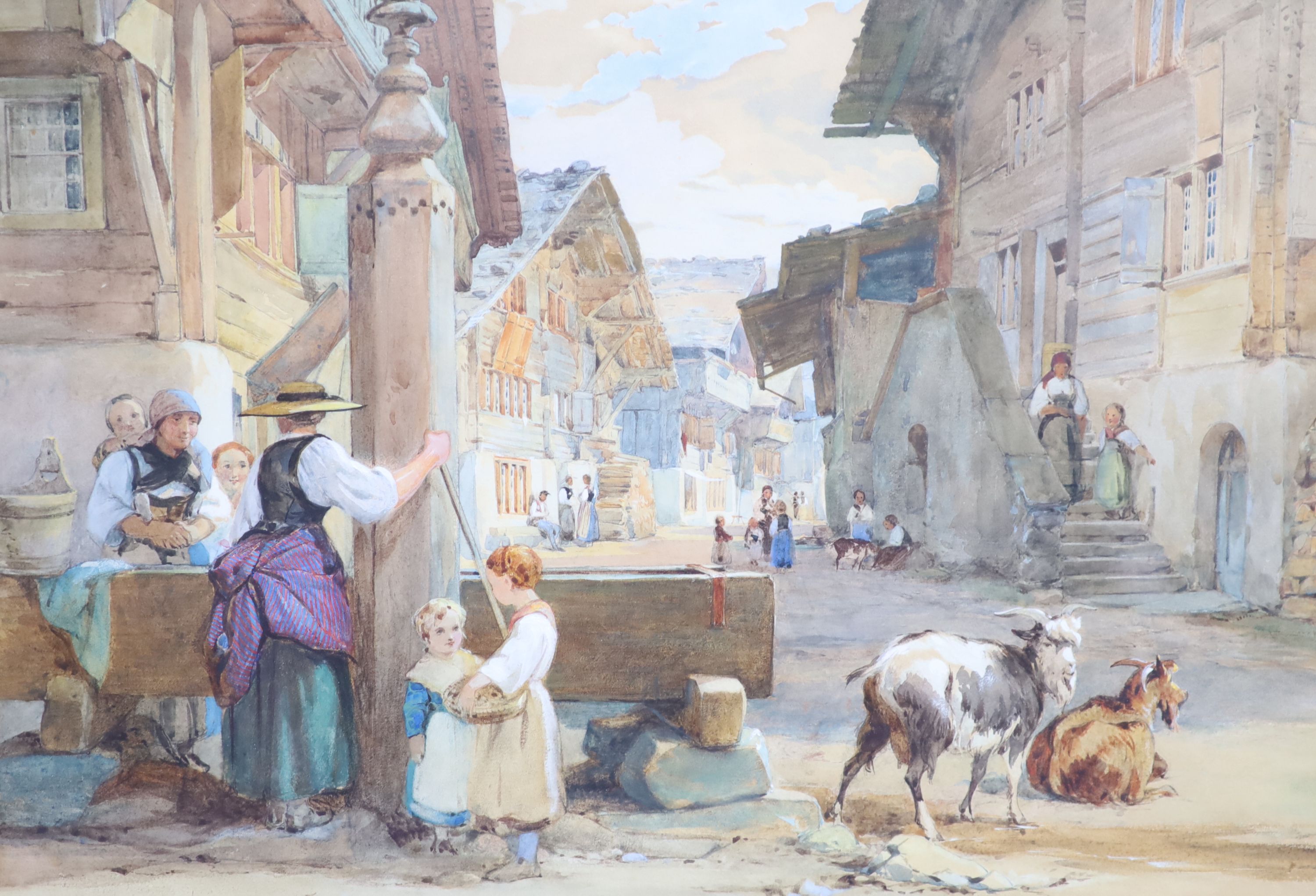 John Absolon (1815-1895), Alpine market scenes, pair of watercolours, 35 x 51 cm